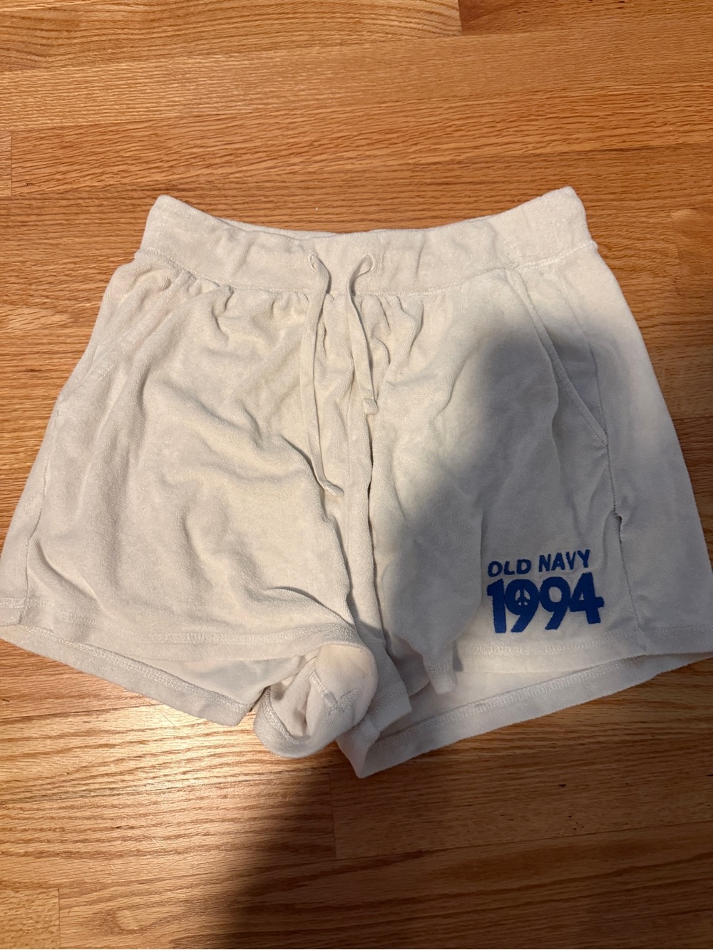 Old Navy Cream Terry Athletic Shorts with Blue 1994 Logo